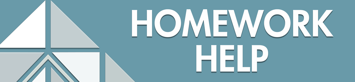 Teal background with white text saying 'Homework Help' next to a geometric triangle design. Clean and informative tone.